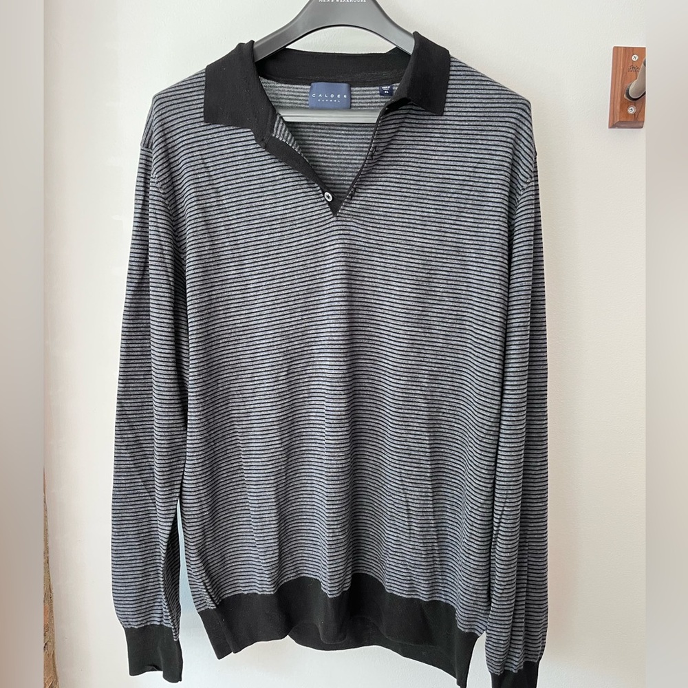 Men's Black and Gray V-Neck Merino Wool Sweater